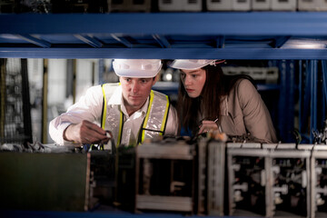 checking and inspecting metal machine part items for shipping. male and woman worker checking the...