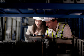 checking and inspecting metal machine part items for shipping. male and woman worker checking the store factory. industry factory warehouse. The warehouse of spare part for machinery and vehicles.