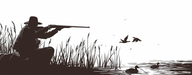 Silhouette of a hunter with a dog aiming at a flying duck, black and white illustration.
