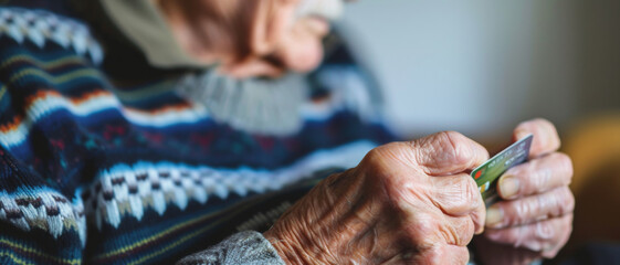 Elderly hands holding a credit card, illustrating the use of technology across generations and financial independence