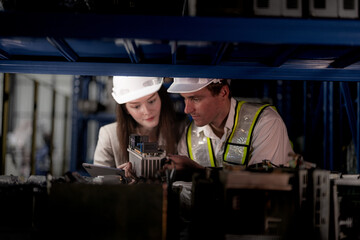 technician engineers team checking the machine and maintenance service. workers looking at spare...