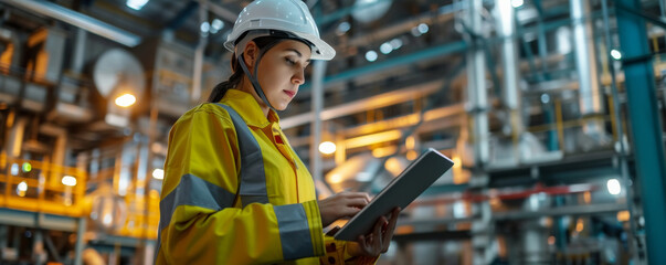 Focused Female Engineer with Tablet in Factory.
Serious woman engineer in safety gear inspecting industrial plant with digital tablet.