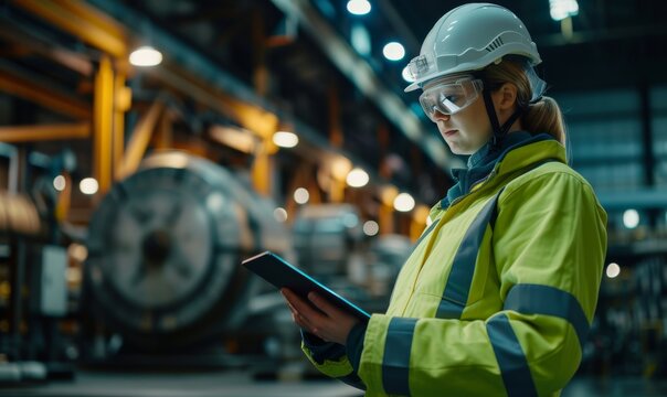 Female Industrial Worker with Tablet in Factory.
Woman in high visibility vest using tablet at work.