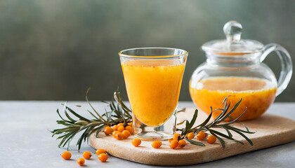 Healthy sea buckthorn tea in glass cup, selective focus