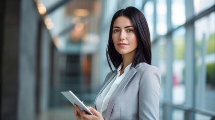 young woman is holding a tablet