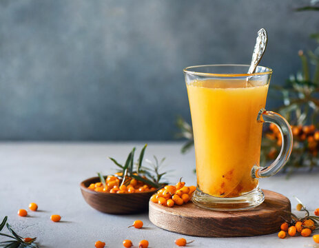 Healthy sea buckthorn tea in glass cup, selective focus