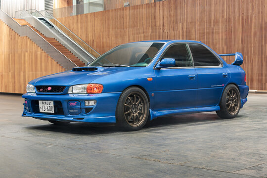 Bilbao, Spain-November 11, 2023: 1999 Subaru Impreza WRX STI (GC), First generation in indoor parking