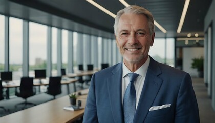 Naklejka premium Confident young businessman smiling and looking at camera standing in office. And a successful CEO.