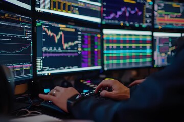 A close-up view of a trader's hands deeply engrossed in monitoring live trading data across multiple screens, highlighting dedication and concentration. - obrazy, fototapety, plakaty