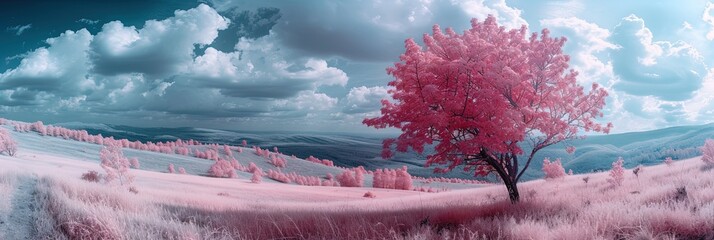 Pink trees and plants against blue sky landscape