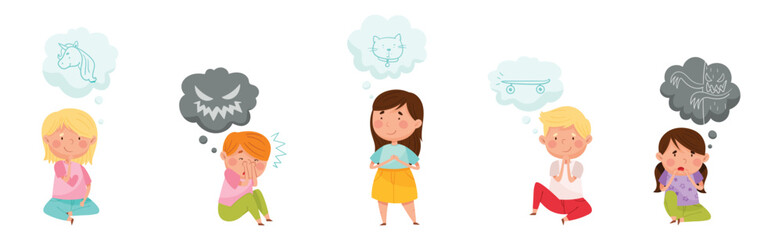 Cute Kid Imagining Object in Dream Bubble or Cloud Vector Set