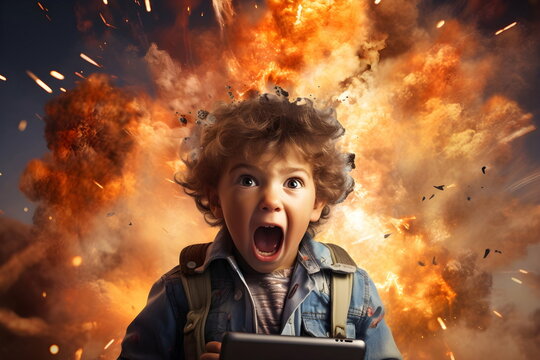 screaming child boy head burning and exploding while use digital tablet