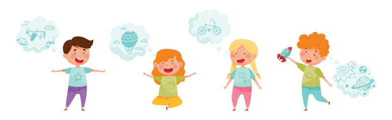 Cute Kid Imagining Object in Dream Bubble or Cloud Vector Set