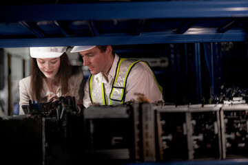 checking and inspecting metal machine part items for shipping. male and woman worker checking the...