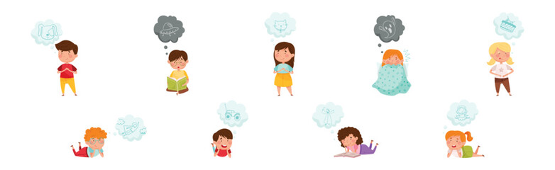 Cute Kid Imagining Object in Dream Bubble or Cloud Vector Set