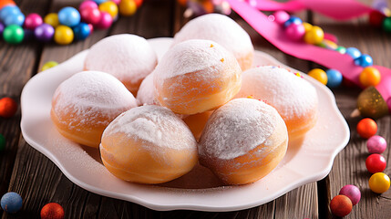 Beignets traditionnels français de type pet-de-nonne (nun's fart ou nun's puff) tout frais prêts pour Carnaval et le Mardi gras