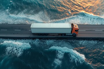 A detailed GPS illustration captures an orange container truck navigating an industrial area, complete with waypoints and timestamps for efficient delivery tracking - obrazy, fototapety, plakaty