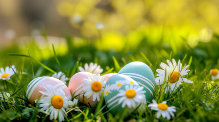 Obraz na płótnie Canvas Easter eggs with daisies on green grass on a sunny day