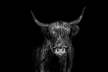 highland cow in front of black background as black and white poster