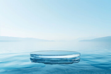 Empty clear glass circle podium on blue calm water.