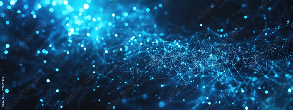 Poster abstract blue technology background with a cyber network and connected particles. artificial intelli