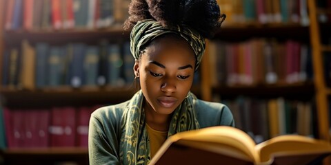 African American female student studying religion in a Chicago college library, Generative AI - obrazy, fototapety, plakaty