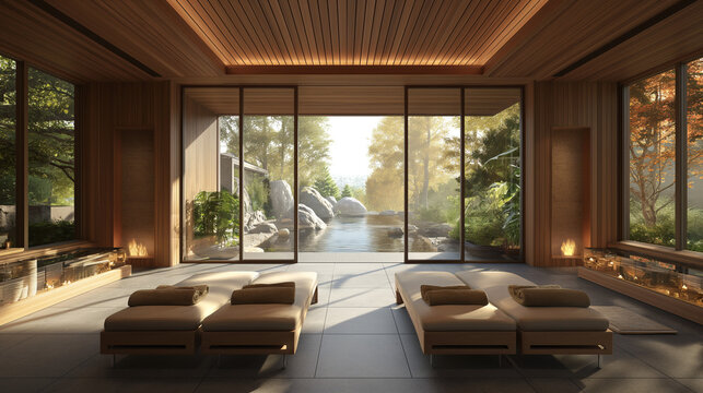 Wellnesshotel Marketing Bild mit Massageliege am Pool und frisch zusammengelegte Handt&uuml;cher im Spa Generative AI