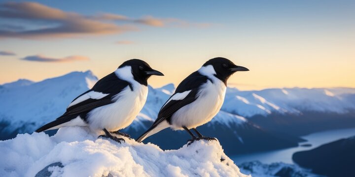 Pair of magpies perched on top of snow covered mountains star studded evening sky