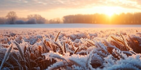 Spring frosts damaged winter crops and frozen plants in the meadow at sunrise affecting the sowing of wheat in agricultural fields covered with hoarfrost during the spring, Generative AI - obrazy, fototapety, plakaty