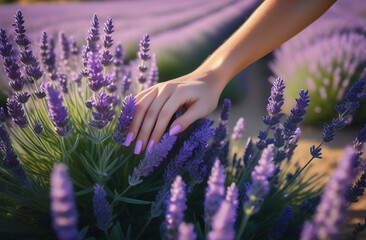 woman hand floats on a purple flowering lavender bush in the summer