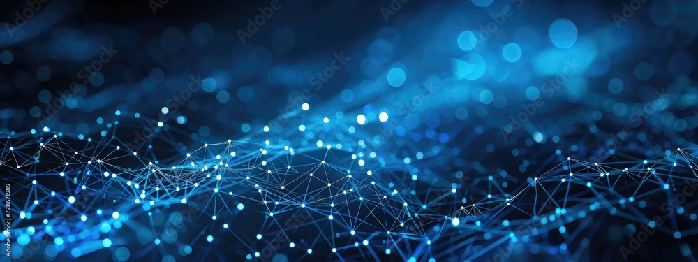 Poster abstract blue technology background with a cyber network and connected particles. artificial intelli