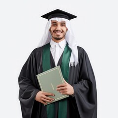 Saudi graduate, holding a rolled certificate, Cheerful, Smile, Confident, isolated, white background