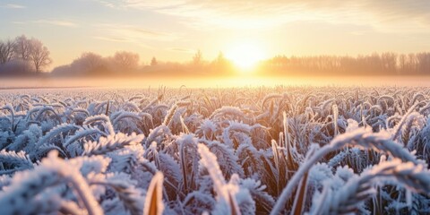 Spring frosts damaged winter crops and frozen plants in the meadow at sunrise affecting the sowing of wheat in agricultural fields covered with hoarfrost during the spring, Generative AI - Powered by Adobe