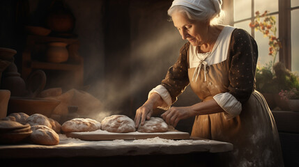 Portrait of grandmother, loving caring senior woman, wearing apron, cooking bread in classic traditional wooden village kitchen. Old woman kneading dough. Preparing traditional food. Generative Ai.