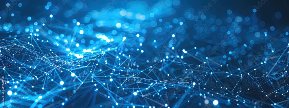 Poster abstract blue technology background with a cyber network and connected particles. artificial intelli