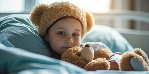 Young cancer patient finding solace in teddy bear during medical treatment or recovery at hospital, Generative AI