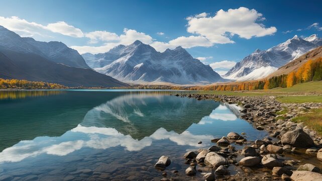 Mountain lake, Tranquil landscape with clear lake, autumn trees, and snow capped mountains. Ideal for travel, nature content. High Quality Photo