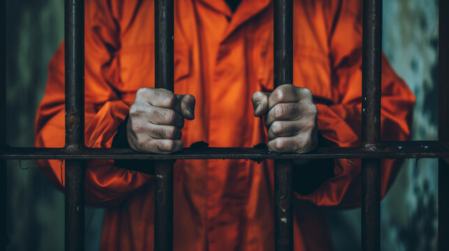 person's hands grasping the bars of a prison cell, dressed in an orange prison uniform