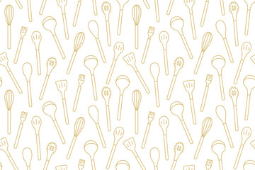 golden seamless kitchen utensils pattern; kitchen, restaurant, menu background- vector illustration - obrazy, fototapety, plakaty