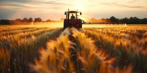 Spring view of pesticide sprayer on wheat field, Generative AI