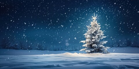 The snow covered Christmas tree contrasts with the dark blue backdrop, Generative AI