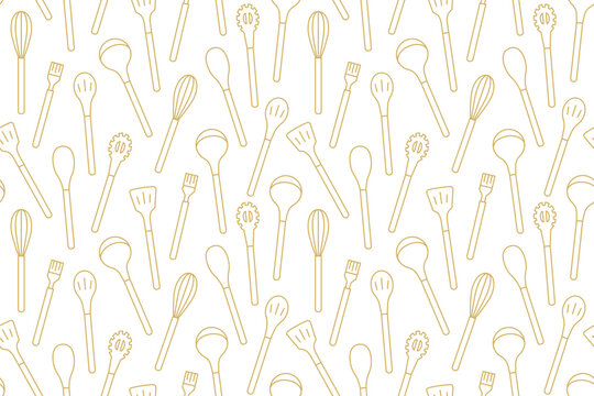 golden seamless kitchen utensils pattern; kitchen, restaurant, menu background- vector illustration