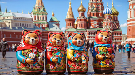 Matryoshka dolls in the form of bears against the background of Moscow. AI