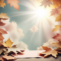 Naklejka na ściany i meble Autumn background image with bright fall foliage, sun rays and space for text.
