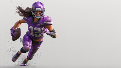 Fototapeta na wymiar A woman cartoon american football player in purple jersey isolated on gray