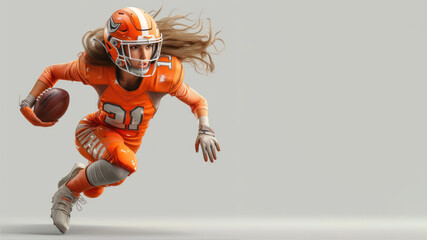 A woman cartoon american football player in orange jersey isolated on gray