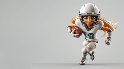 A woman cartoon american football player in white jersey isolated on gray