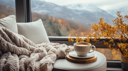 Wide closeup photograph of view from a luxury cozy hotel bedroom window, cozy couch with pillows and coffee cup on a tray, misty mountain range landscape outside in a cold day morning