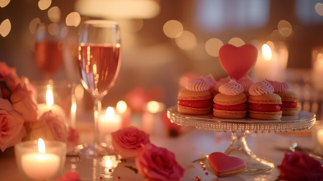 Beautiful dessert buffet  at Valentine's dinner with heart shaped pastry, red wine, maccarons and candles