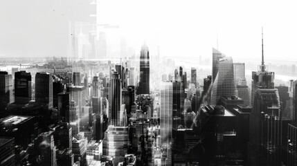 photograph of a big city with skyscrapers with double exposure black and white Generative AI